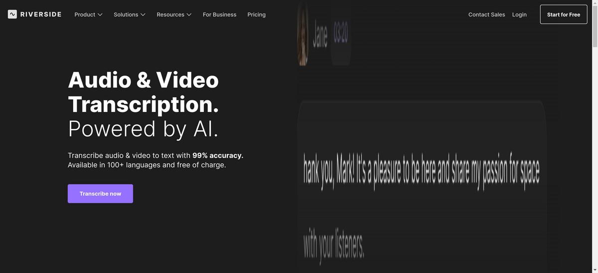 Presentation of the ai transcription by reverside tool's homepage to guide user to the right website