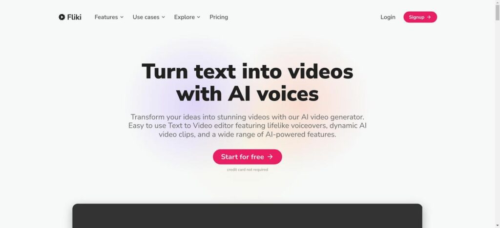 Presentation of the fliki ai tool's homepage to guide user to the right website