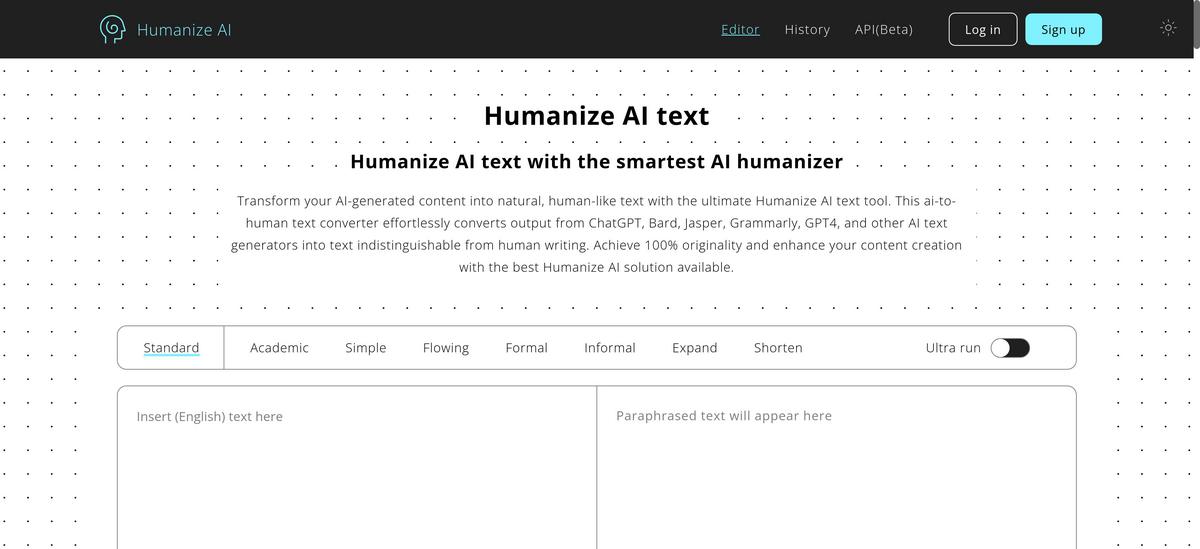 Presentation of the humanize tool's homepage to guide user to the right website