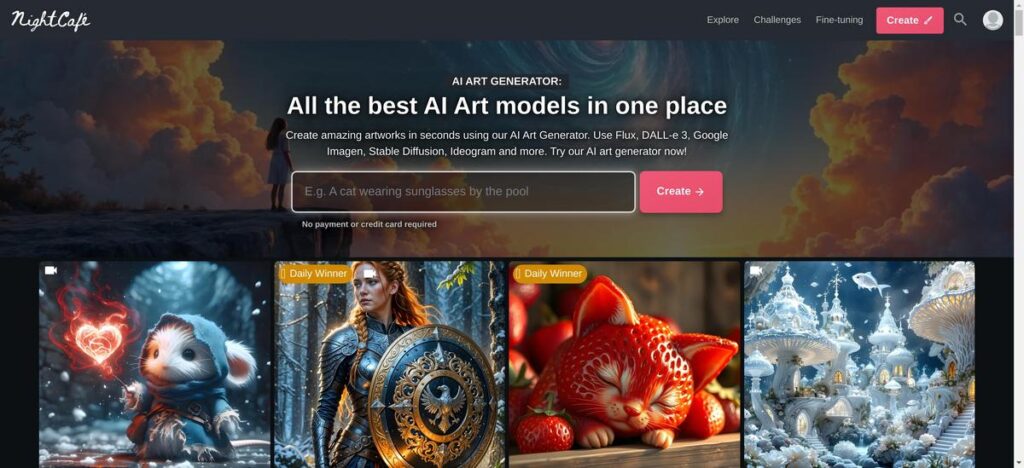 Presentation of the nightcafe ai tool's homepage to guide user to the right website