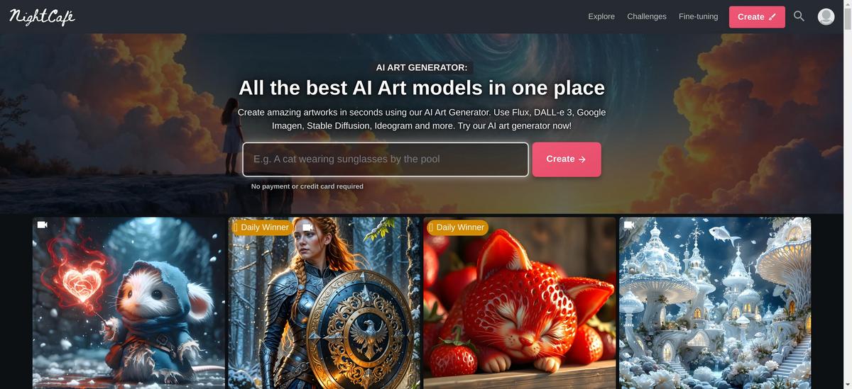 Presentation of the nightcafe ai tool's homepage to guide user to the right website