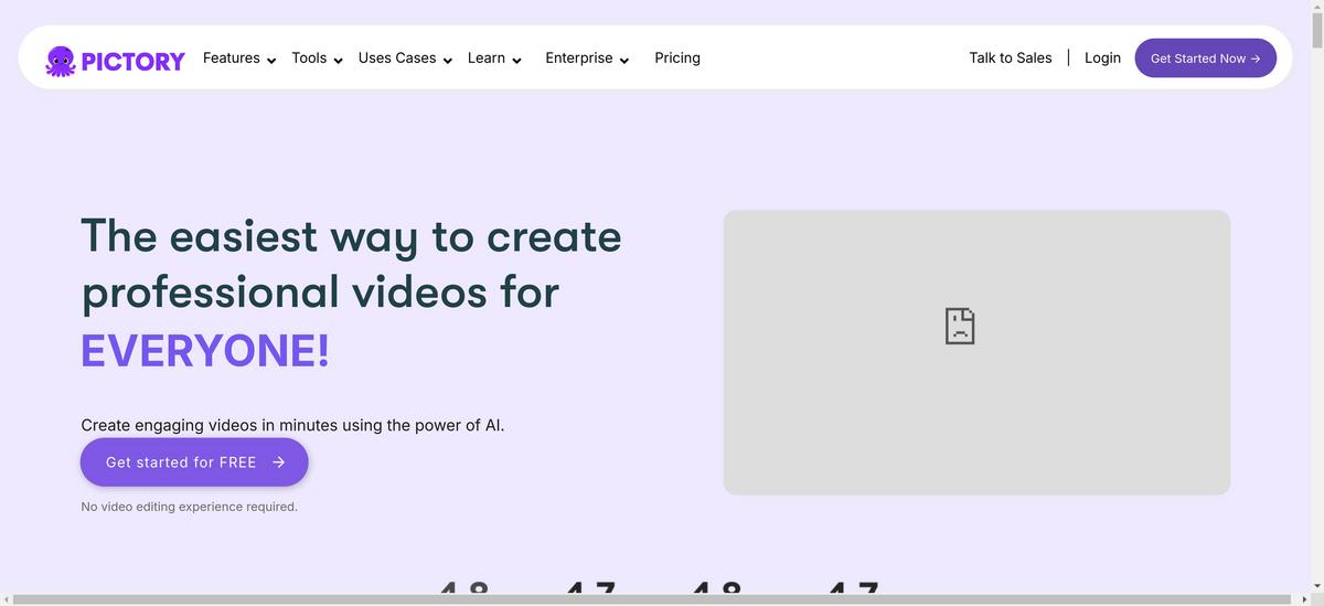 Presentation of the pictory ai tool's homepage to guide user to the right website