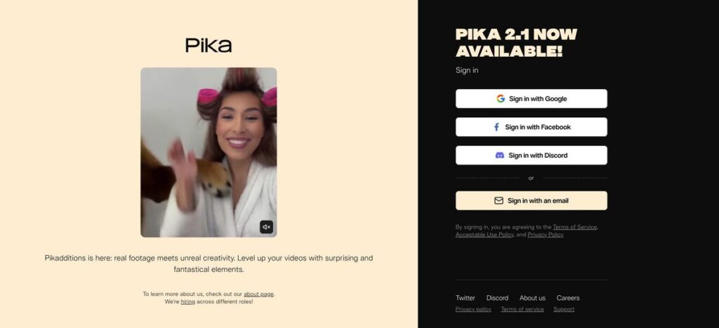 Presentation of the pika ai tool's homepage to guide user to the right website