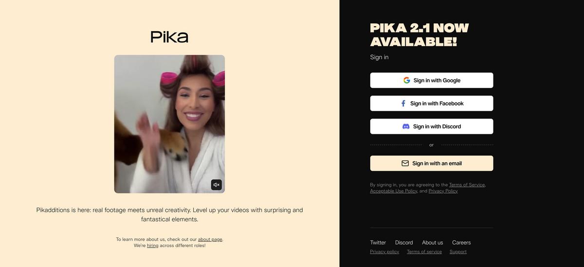 Presentation of the pika ai tool's homepage to guide user to the right website