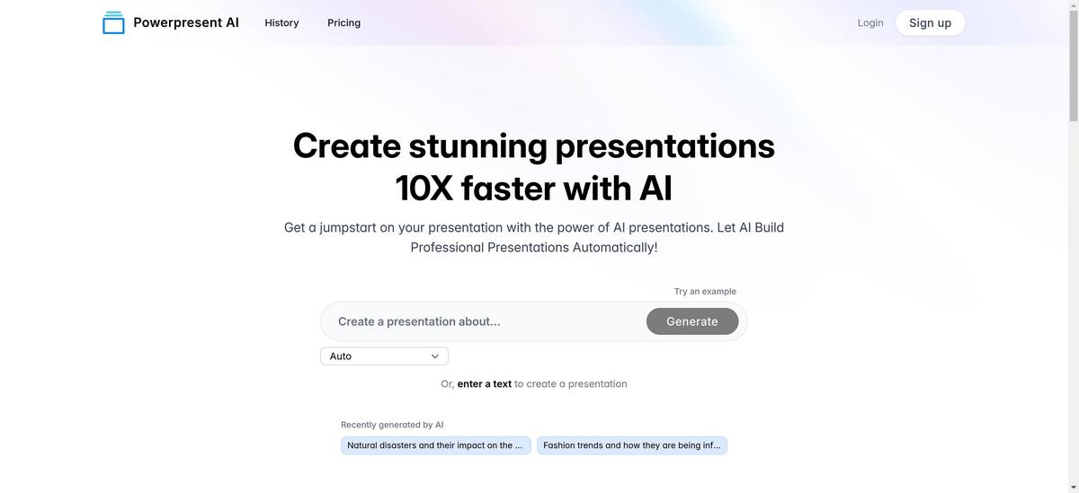 Presentation of the powerpresent ai tool's homepage to guide user to the right website